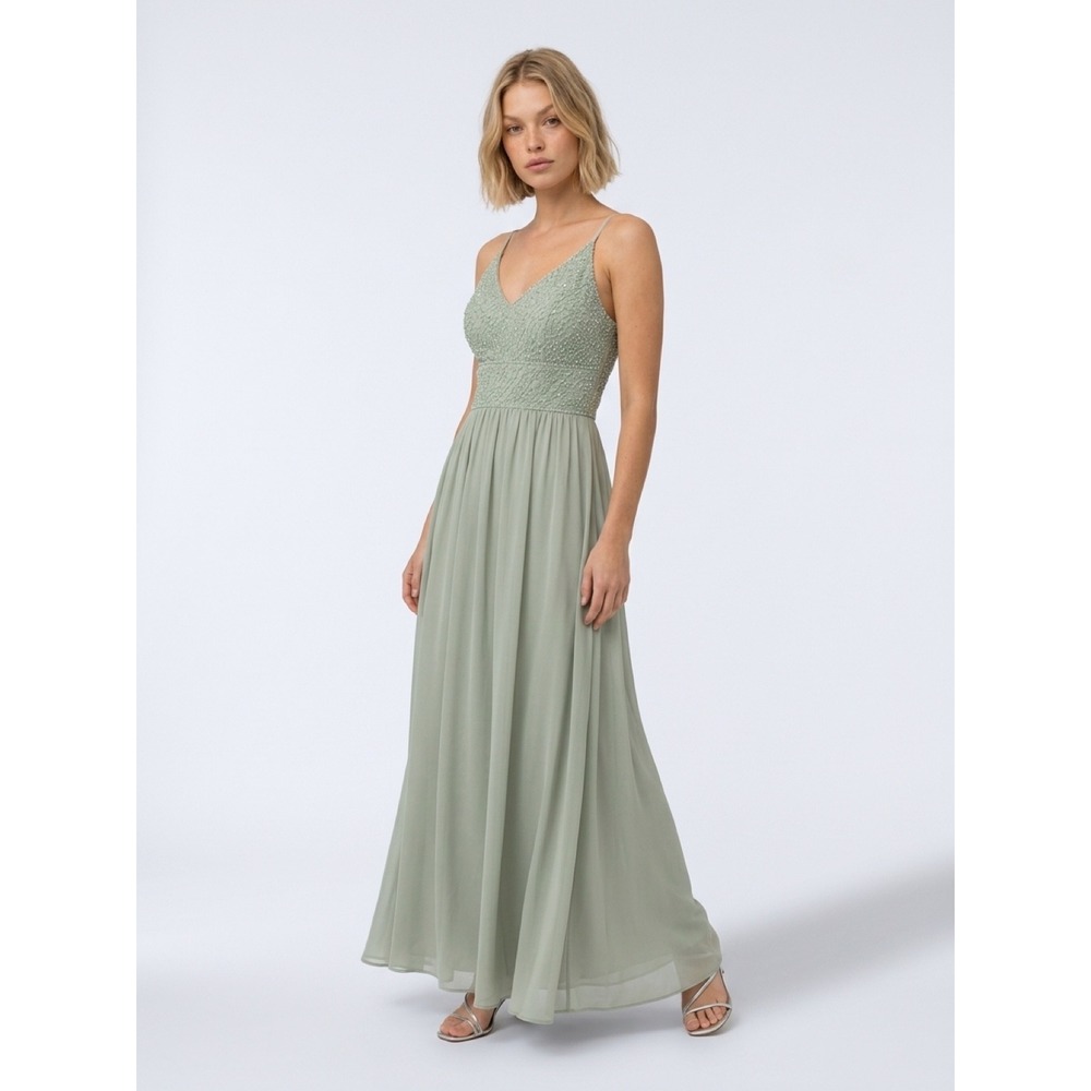 Azazie Sage Green Lace Beaded Chiffon Maxi Dress Open Back Gown Size C